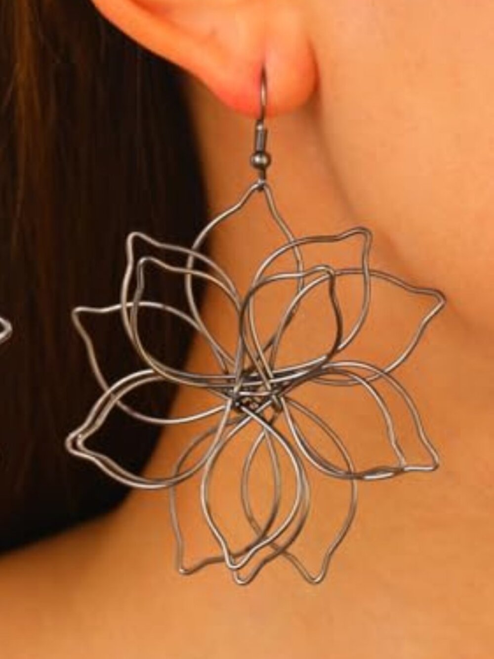 New - Boho Big Gold Wire Flower Earrings‎ for Women, Simple Large Hollow Floral
